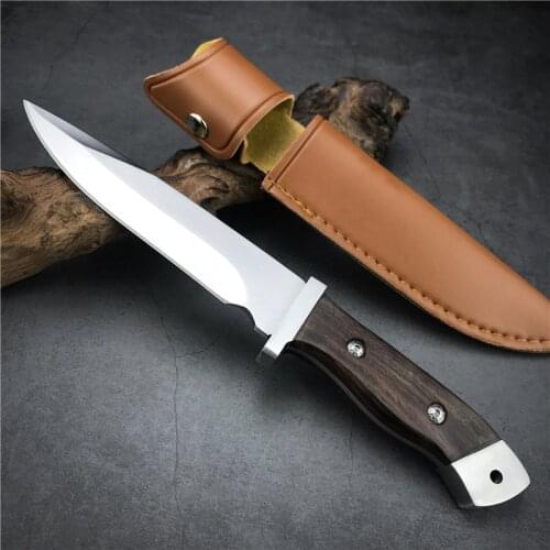 BK 2008 Tactical Fixed Blade Knife Wood Handle Outdoor Survival Self Defense Hunting Rambo Knices with PU Leather Sheath
