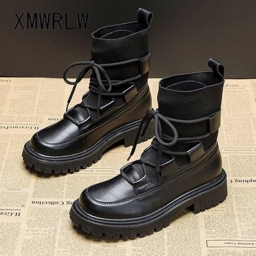 XMWRLW Knitting Wool Women Ankle Boots Fashion British Style Autumn Winter Warm Plush Ankle Boots For Women Slip on Leather Shoe