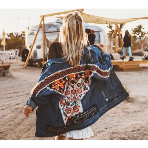 Gypsylady Cotton Denim Jacket Floral Embroidery Retro Boho Appliques Jacket Coat Women Long Sleeve Denim Outwear Chaquetas