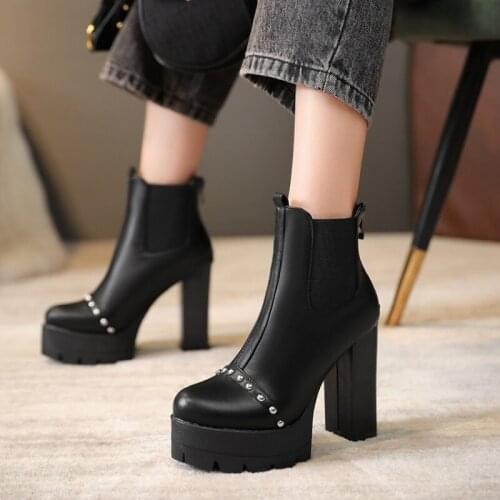 Thick Bottom Round Toe Leather Western Style Women Shoes Platform Crystal Square High Heel Ankle Boots Women Motorcycle Boots