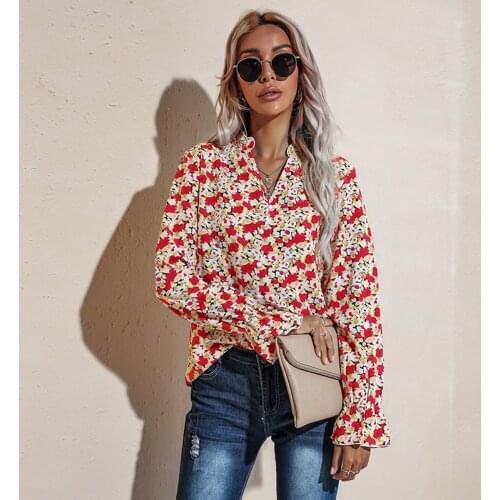 Women Casual Shirt Flower Print V-neck Long Sleeve Button Tops Spring Autumn Fashion Female Ladies Clothes Shirts Blouses New