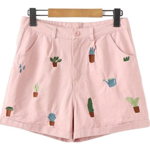 Merry Pretty Women Cartoon Embroidery Pink Shorts 2019 Summer Sweet Style Cotton Straight Short For Femme Casual Pockets Shorts