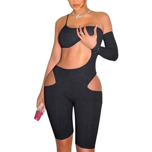 Womens Sexy Jumpsuit Sling Solid Color One Shoulder Off Long Sleeve Hollow Design Slim Wild Fashion Bodysuit Jumpsuit Romper