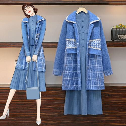 Winter New Knitted Dress + Imitation Mink Velvet Coat Two-Piece Sets Blue Female Suit