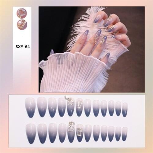 24pcs Fake Nails Blue Gradient Flower With 3D Diamond Wear Long Paragraph Fashion Manicure Patch Nail Supplies For Professionals