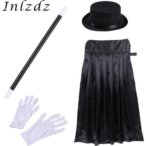Kids Magician Wizard Cosplay Games Costume Kiddie Boys Halloween Outfit Cape Hat Magic Wand Gloves Set for Role Play Choir Stage