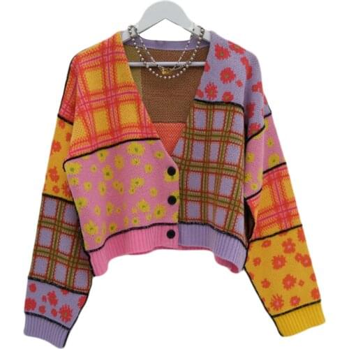 Breathable Girls Long Sleeve Knitwear, Ladies Floral Plaid Splicing Single-breasted Knitted Coat Casual Cardigan Sweater 2021