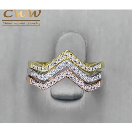 CWWZircons New Trendy Cubic Zircon Stones 3 Colors Engagement Triangle Women Rings Set Fashion CZ Jewelry Accessories R012