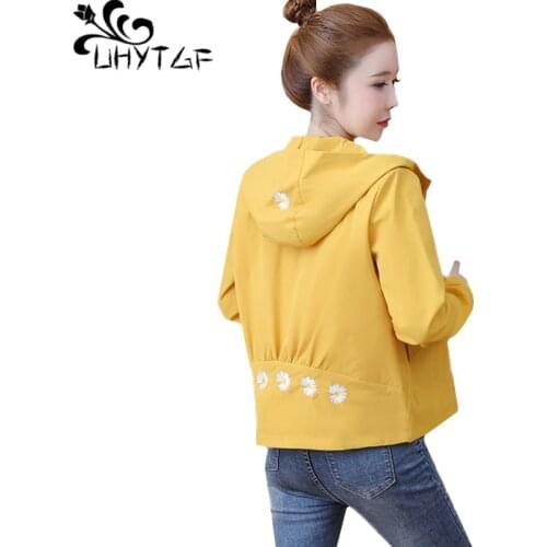 UHYTGF Womens Spring Autumn Jacket Fashion Hooded Embroidered Short Coat Solid Color Wild Student Loose Plus Size Outerwear 1240