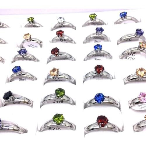 MixMax 36pcs Women Ring Colorful Zircon Stone Stainless Steel Bands Fashion Jewelry Wholesale Lot Party Gifts