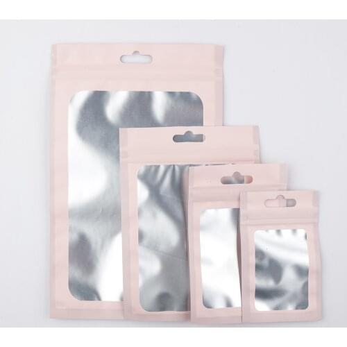 Varicous Sizes Reclosable Aluminum Foil Mylar Ziplock Package Bag Front Window Matte Pink Zip Lock Bags with Hang Hole