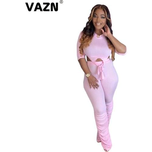 VAZN 2020 New Top Quality Sport Bandage Two Piece Set Solid 2 Piece Set Women Short Sleeve Full Pant Summer Sets