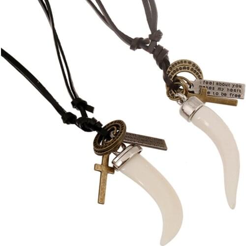 Fashion Vintage Men Necklace Long Genuine Leather Chain Chili Wolfs Teeth Metal Cross Pendant Statement Choker Punk Jewelry Gift
