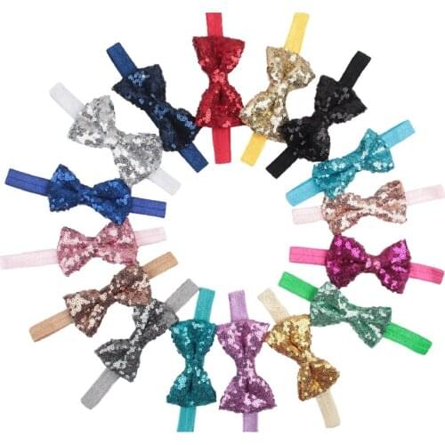 8pcs/lot Handmade Sequins Bows Baby Girls Headband 9 CM Solid Color Bowknot Elastic Hairband Infant Headwear Birthday Gifts