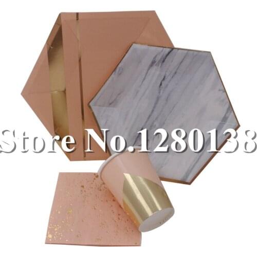 Blush Pink & Gold Party Tableware 9inch Paper Plates 7inch Marble Hexagon Plates Party Cups Napkins for Wedding Birthday