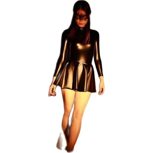 S-XXL Sex Appeal Long Sleeve Turtleneck Pleated School Uniform Vestidos PU Latex Leather Black Dress Cosplay Pole Dance Clubwear