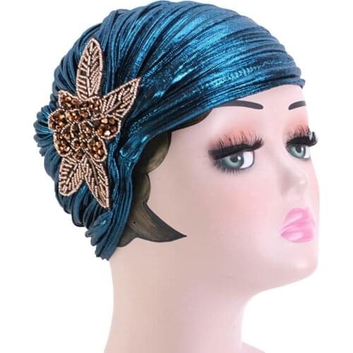 Muslim Women India Cap Islamic Beading Flower Turban Hat Ruffled Bonnet Cancer Chemo Hats Beanie Muslim Women Hair Accessories