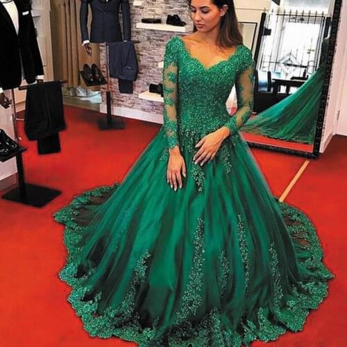 SuperKimJo Robe De Soirée De Mariage Emerald Green Lace Prom Dresses Ball Gown Long Sleeve Beaded Applique Prom Gown