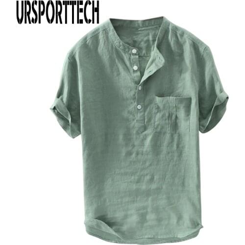 URSPORTTECH 2020 New Fashion Mens Cotton Linen Shirts Short Sleeve Summer Tee Casual Breathable Man Tops Blouse Plus Size M~4XL