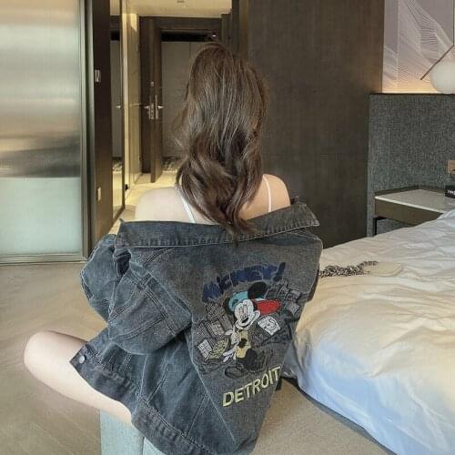 Disney Mickey Mouse Loose Fashion Denim Jacket Female Spring and Autumn New Retro Wild Casual Cartoon Embroidery Lapel Women