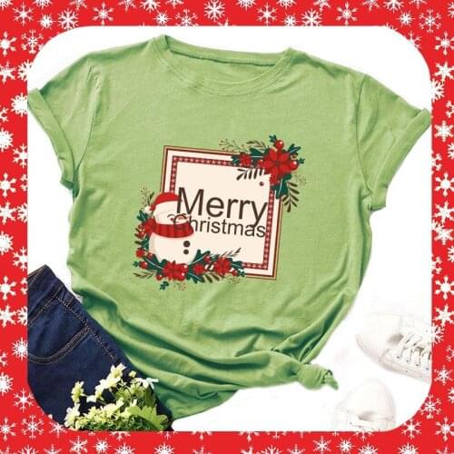 Summer Women T Shirt 5XL Plus Size Cotton Christmas Snowman Print Short Sleeve Tees Tops Casual O-Neck Female Oversized TShirt