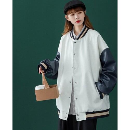 Womens Leather Jacket 2021 New Spring and Autumn Thin Section Salt-line Lazy Hiphop High Street European and American Baseball