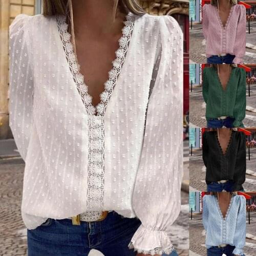 Women Tops Casual Sexy V Neck Lace Long Sleeve Loose Polka Dot Solid Color Lightweight Elegant Shirt Blouse