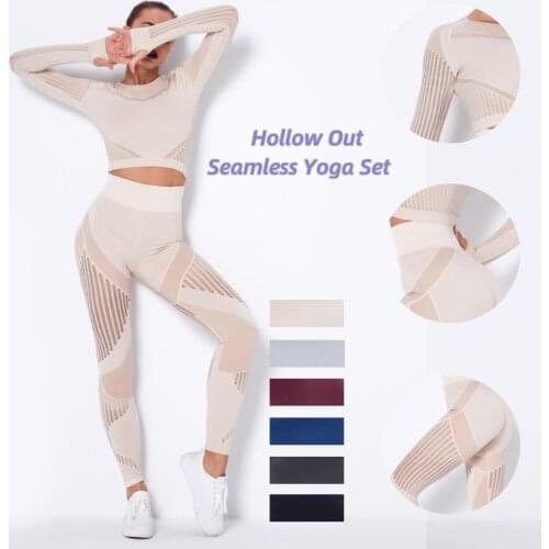 Hollow Out Seamless Yoga Set Women 2Pcs Sport Outfits Crop Top + Leggings Workout Gym Suit Fitness Sport Suit