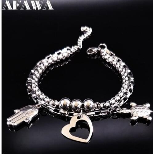 Bohemian Hamsa Hand Double Silver Color Stainless Steel Bracelet for Women Bracelets Bangles Jewelry pulseras de cuero B61451