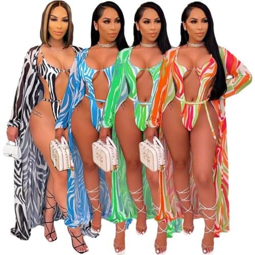 Adogirl Women Two Piece Set Bikini Summer Hollow Out Lace Up Bodysuit Swimwear and X-Long Chiffon Cover Up Outfit Beach Suit