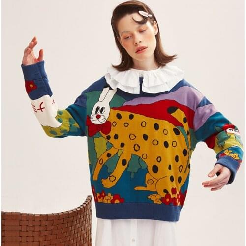 Funny Rabbit Floral Jacquard Sweet Vintage Women Cotton Sweater Pullovers Long Sleeve Thick Warm Winter Knitted Jumper Tops Fall