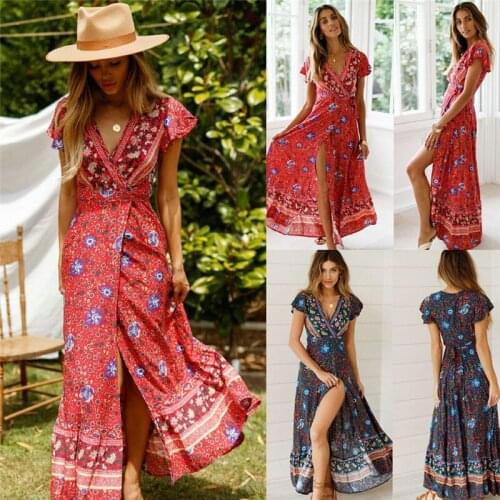 Women Bohemian Floral Maxi Dress 2021 Summer Ladies Short Sleeve V neck Ruffle Split Dress Casual Beach Vintage Dresses Sundress