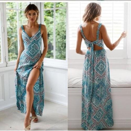 Spaghetti Strap Bohemia Womne Summer Dress 2021 Print Floral Sleeveless backless Elegant Sexy long Dress Boho Beach Maxi Dress