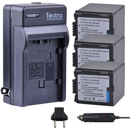 Tectra 3Pcs 4500mAh VW-VBG260 VBG260 Bateria + Digital Charger for Panasonic AG-AC7 AG-AF100 HDC-HS250 HS300 HS700 SD600 SD700