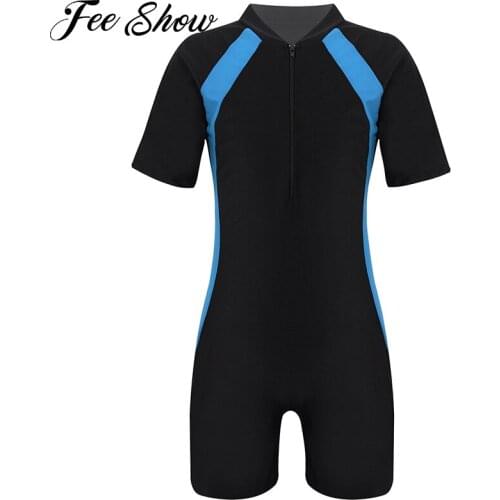 Kids One-piece Short Sleeve Rash Guard Swimming Jumpsuit Zip Up Swimwear Swimsuit Summer Surfing Athletic Bodysuits Bathing Suit