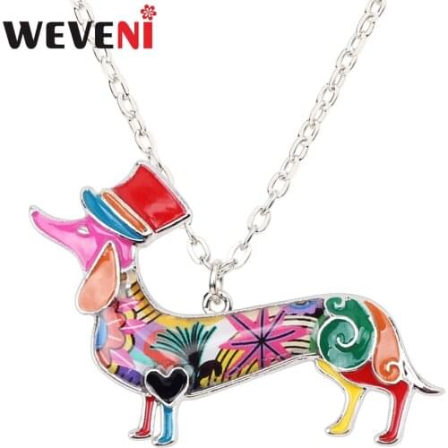 WEVENI Metal Enamel Elegant Dachshund Dog Necklace Chain Collar Pendant Fashion Animal Jewelry For Women Girls Pet Lovers Bijoux