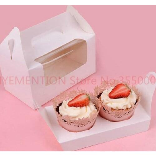 Cupcake Box With Window 2 Holes Cake Muffin Packing Boxes Wedding Birthday Pastry Gift Holder Packaging Supplies handle 100pcs
