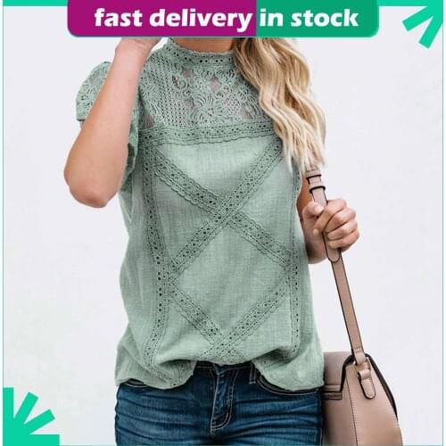 Lace Blouse Womens Sexy Hollow Out Solid Elegant Short Sleeve Summertime O-neck Blouse Tops Summer Plus Size Office Lady Shirt