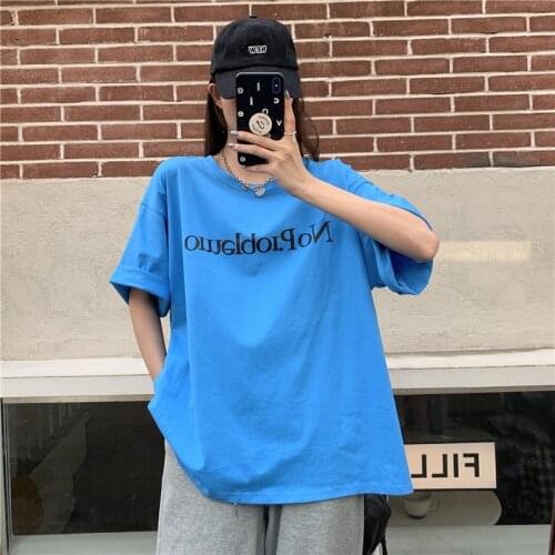 Summer college style cartoon letter printing half-sleeved mid-length loose cotton T-shirt women
