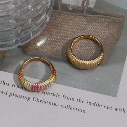 New Arrival New Trendy Stainless Steel Gold Plated Waterproof Tarnish Free Croissant Colorful And Gold Stripes Rings For Women
