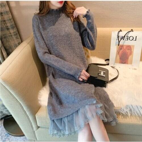 2021Autumn Winter Women Warm Knitted Sweater Dresses Voile Ruffles Hem Ladies Thick Knee-length Straight Middle Dress 2021