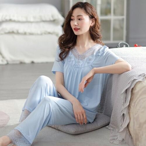 Sexy Lace Floral Women Pajamas Sets 2PCS Modal Pyjamas Summer Loose Sleepwear Nightwear Plus Size 3XL Lingerie Home Wear