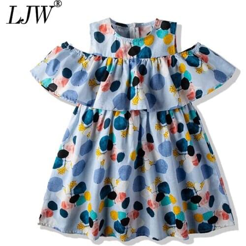 Korean girls dress summer polka dot off-shoulder sleeve princess dress for children and children sweet wind vest dress