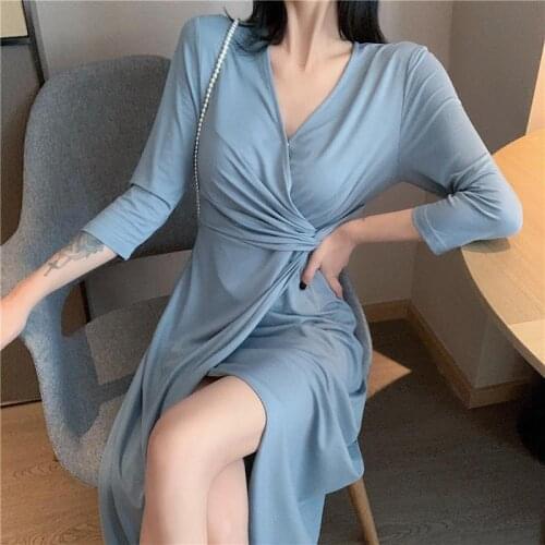 Casual Split Dress Women Autumn Solid Elegant Designer Midi Dress Female Slim Office Lady Korean One-piece Dress Women 2020 New