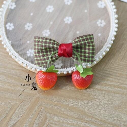 Daily Sweet Lolita Side Clip Cute Lattice Strawberry Hairpin Small Thing Japanese Style Mori Girl Handmade Korean Headdress