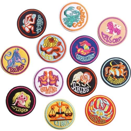 Cartoon Zodiac Embroidery Cloth Stickers Constellations Iron on Patch Round Thermo Adhesive Label Clothes Appliques Decorations