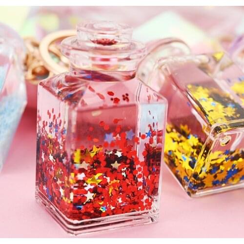 Creative Moving Liquid Keychain Floating Quicksand Square Bottle Keyring for Women Men Charm Bag Pendant Keyfob Gift
