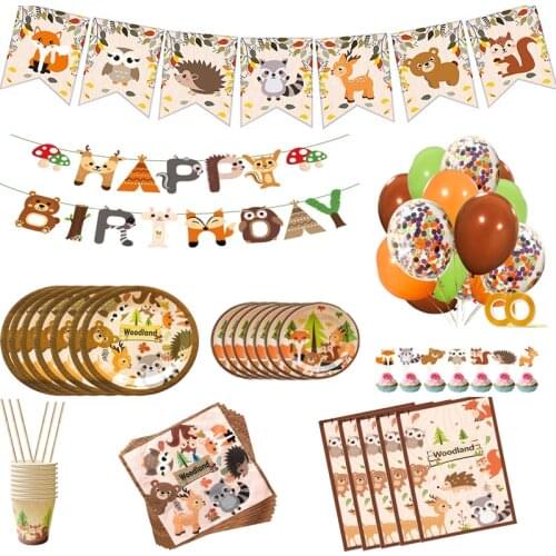 Woodland Forest Birthday Party Decoration Animal Zoo Fox Lion Elephant Boys Disposable Tableware Cake Topper