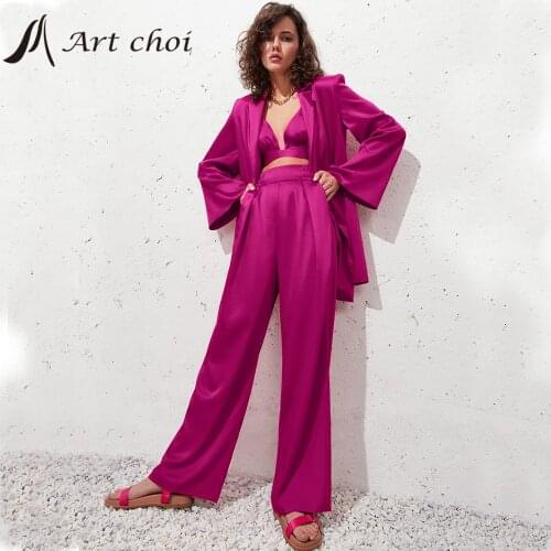 Spring Autumn Sexy Two Piece Sets Women Satin Suits Coats Lace Vest Top Wide Leg Pants Suit 2021 Fashion Female 2 Piece Sets