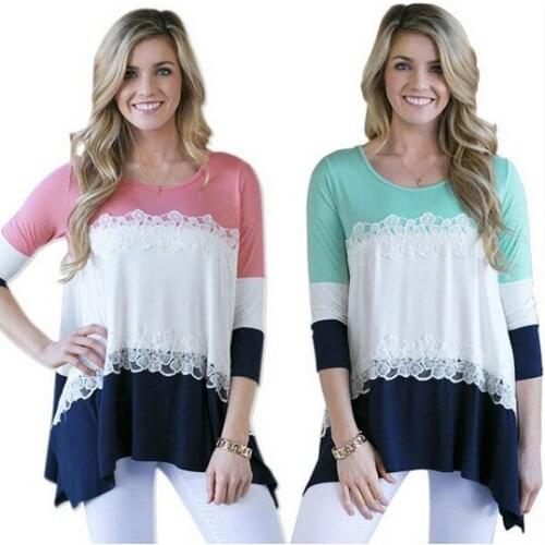 2020 Spring and Summer Boutique Women Hit Color Stitching Lace Round Neck Collar Seven Sleeve Loose Irregular Cotton T-shirt